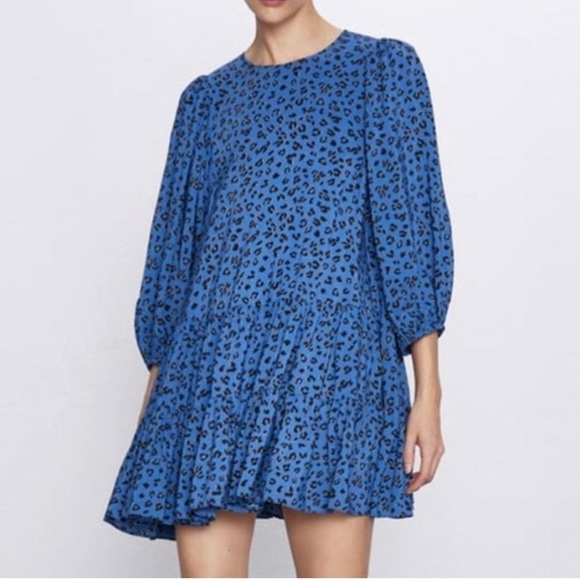 Zara Helene Blue Leopard Print Long Sleeve Ruffle Mini Dress Size Small - Picture 1 of 13